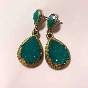 Elegant Agate Aqua Teal and Gold Drop Earrings